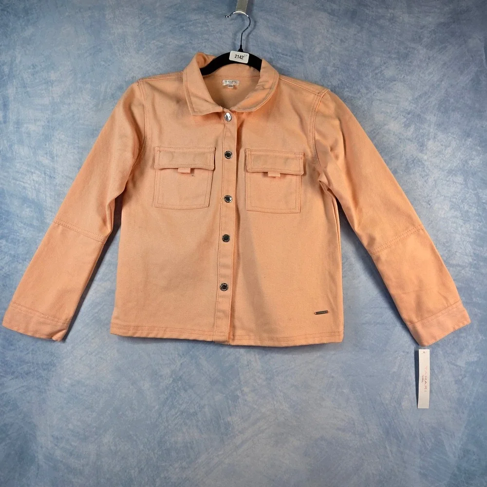 Tahari Girl Peach Orange Denim‎ Jacket Button Front Twill Coat Kids Size 12 NEW